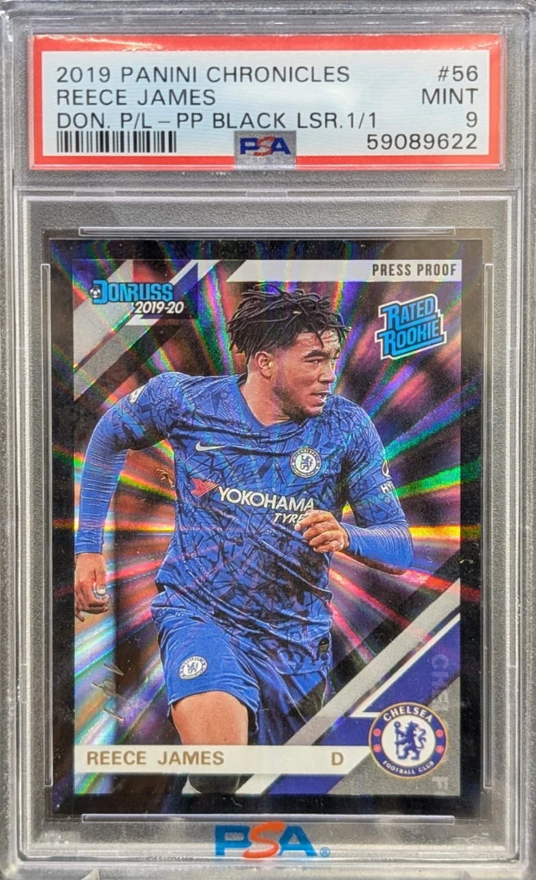 2019 Panini Chronicles Soccer Donruss Press Proof Rated Rookie Black Laser Reece James 1/1 PSA9