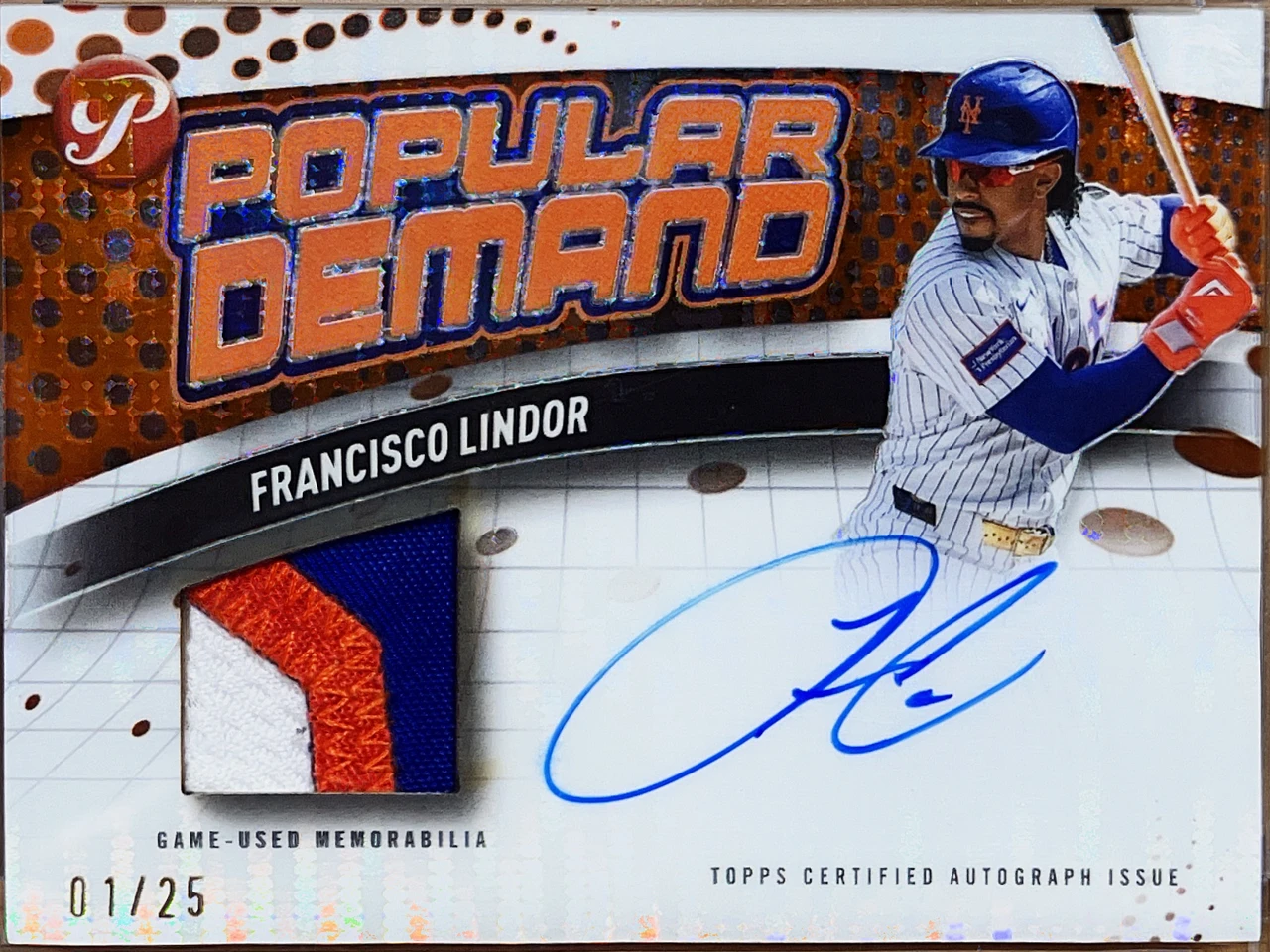 2026 Topps Pristine Baseball - Popular Demand Autograph Relic Orange Pristine Refractor - Francisco Lindor - 1/25 #PDAR-FL