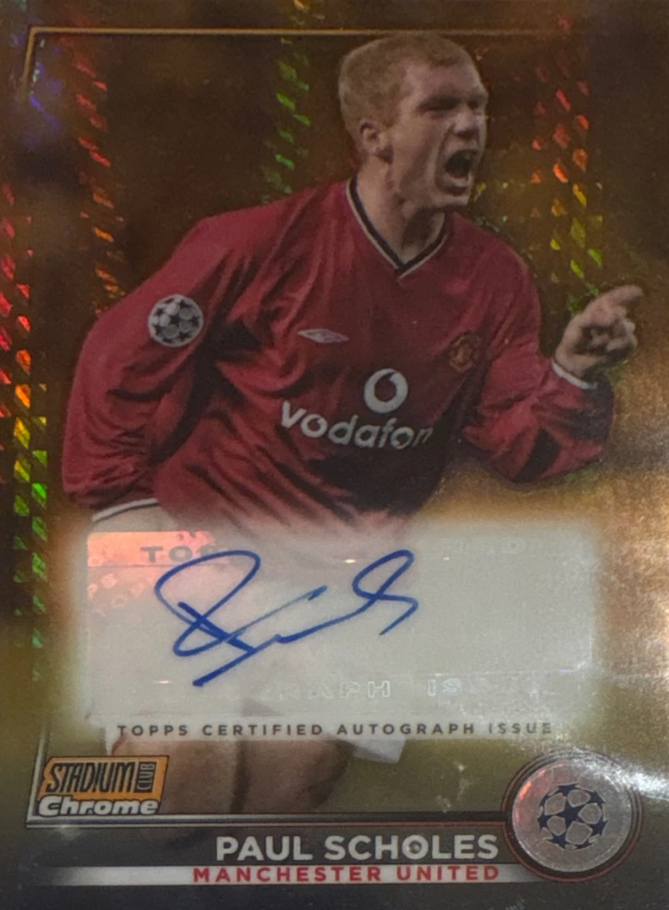 2022-23 TOPPS STADIUM CLUB CHROME UEFA CLUB COMPETITIONS CHROME AUTOGRAPHS CAPS PAUL SCHOLES ORANGE PRISM REFRACTOR