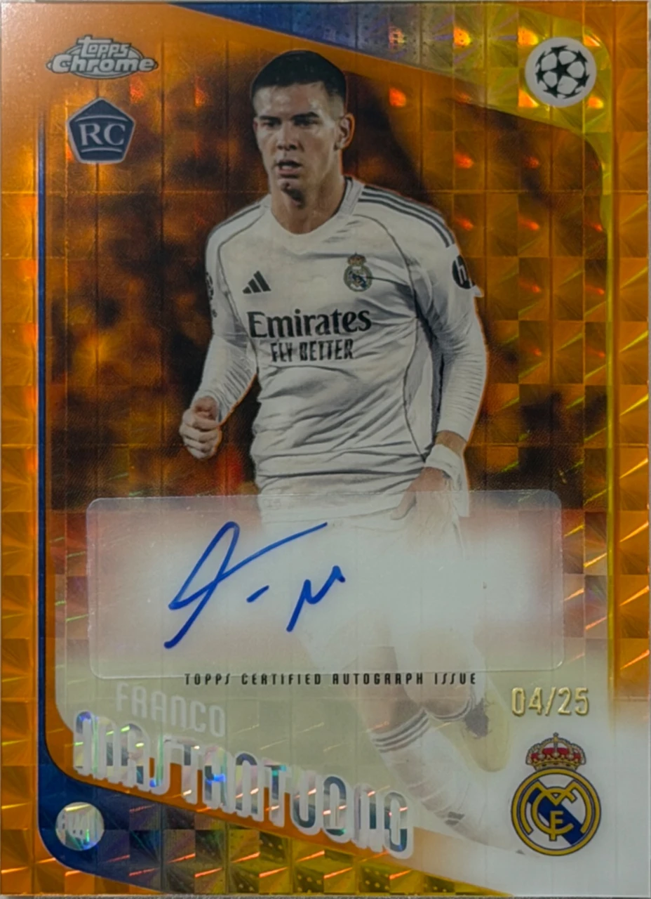 2025-26 Topps Chrome UEFA Champions League Franco Mastantuono RC Auto Orange Geomatric 04/25