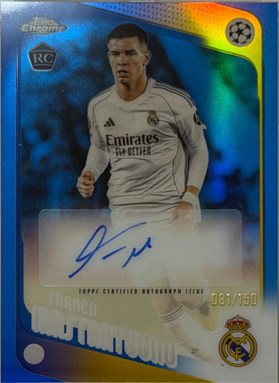 2025-26 Topps Chrome UEFA Champions League Franco Mastantuono RC Auto Blue Refractor 081/150
