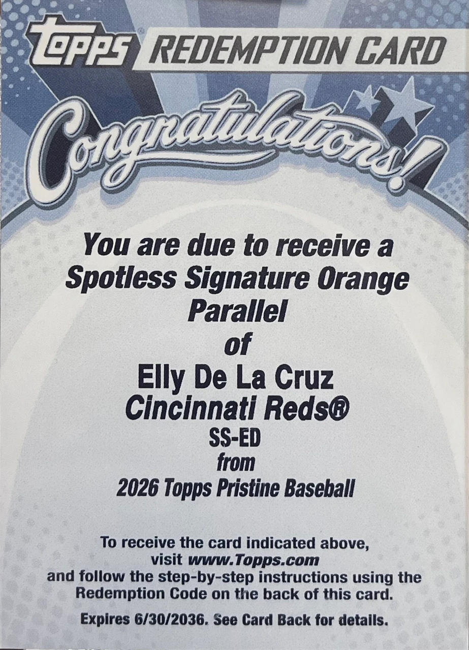 2026 Topps Pristine Elly De La Cruz Spotless Signature Orange Parallel Redemption